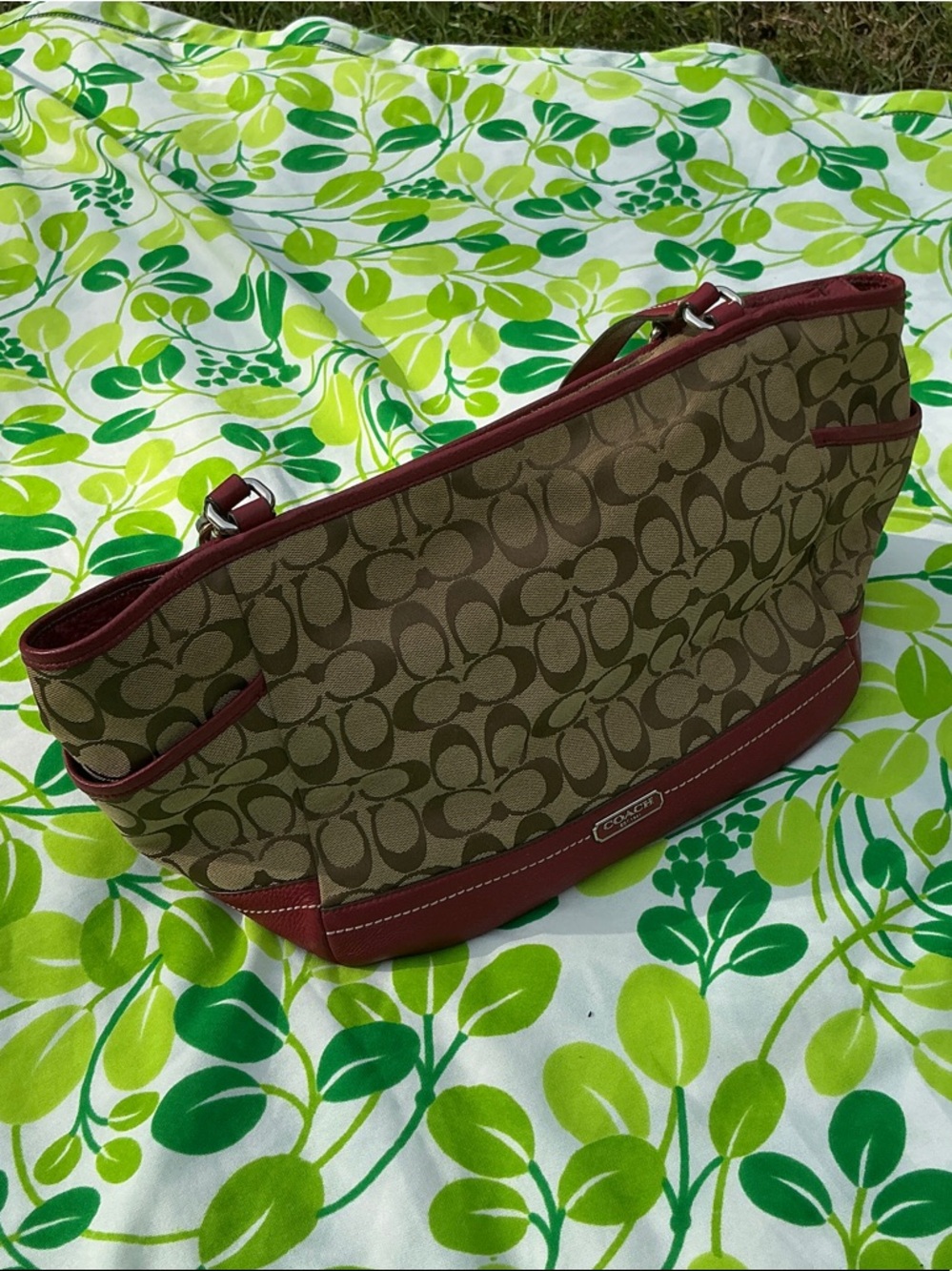 Coach Tote Handbag Park Signiture Carrier J1321-F23297 Large Khaki Red Leather - Picture 5 of 17